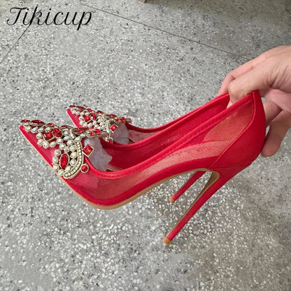 New Design Red Diamond Sexy 12cm 10cm Woman High Heels Pointed Toe Shallow Stilettos Pumps Lace Breathable Wedding Party Shoes