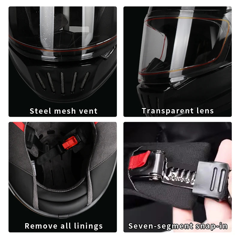 Retro-style full-face helmet with multi-color lenses, ABS material, DOT certified, suitable for all seasons