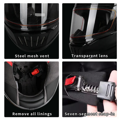 Retro-style full-face helmet with multi-color lenses, ABS material, DOT certified, suitable for all seasons