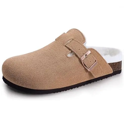 Crestar Women's Suede Clogs Lady Fashion Buckle Leather Mules Comfort Cork Footbed Potato Shoes with Arch Support Beach Sandal