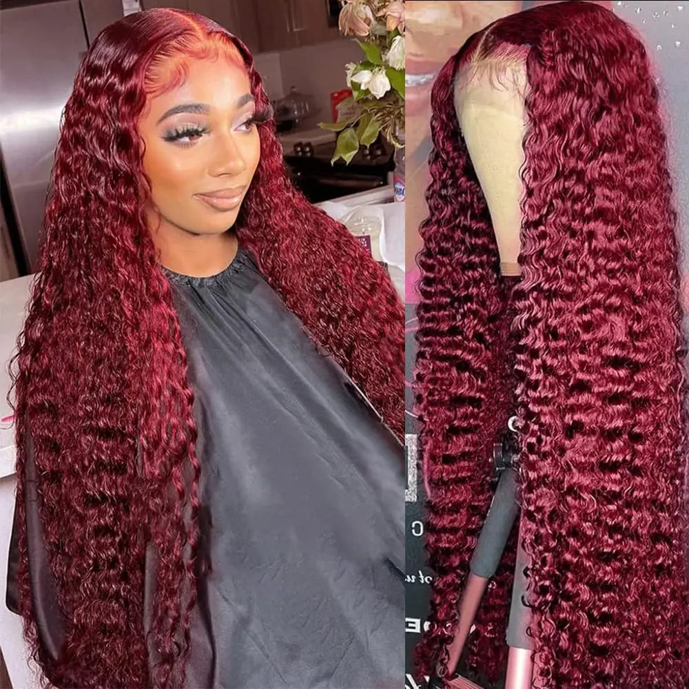 Burgundy 30Inch Deep Wave 99J Lace Front Wigs Human Hair Wigs 13x4 HD Lace Front Wigs Human Hair Pre Plucked Burgundy Wig