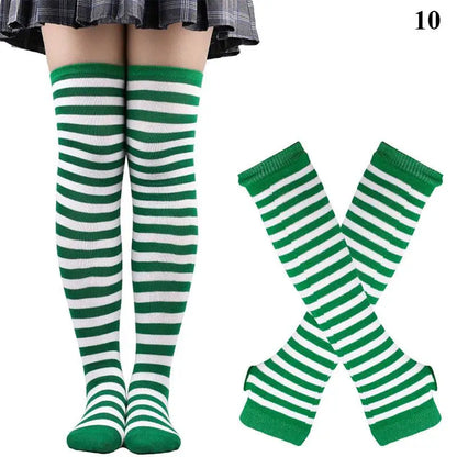 2Pair/Set Women Gothic Punk Over Knee Long Stripe Socks Girl Arm Sleeve Gloves Thigh High Cotton Socks Sweet Cute Christmas Gift