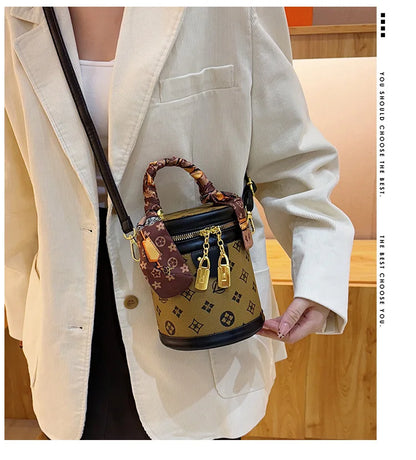Stylish Printed Bucket Bag with Scarf Detachable Strap Shoulder Crossbody Bag for Women