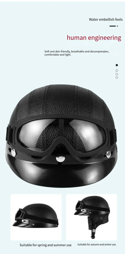 Retro Leather Half Helmet with Ear & Neck Protection - All-Season Cycling Safety Helmet