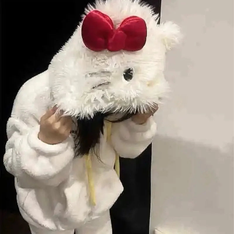 Cute Hello Kittys Hooded Pajamas for Women Winter Coral Fleece Thickened Warm Girls Sleepwear Students Casual Home Clothes Set