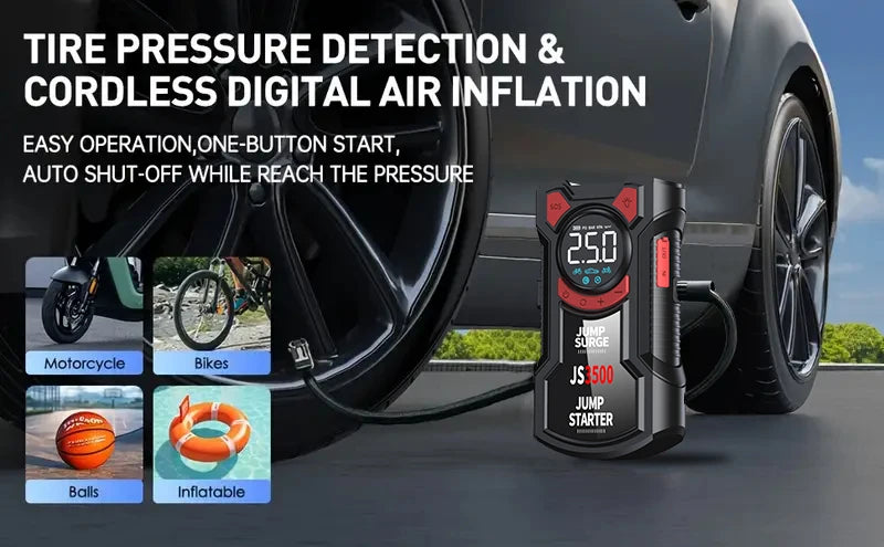 Car Jump Starter Air Compressor With Power Bank Portable Electric Pump Auto Battery Booster 12V Jump Box With Flashlight