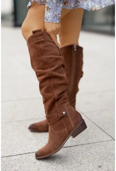 long women's boots Low Heel Side Zip Size 43 Suede Thigh High Women's Boots Retro Woman Booties Autumn Winter Knee High Boots