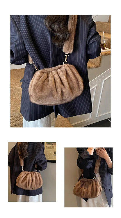 Cute and Versatile Winter Crossbody Bags Mink Fur Wrinkle Relaxed Texture Cloud Shell Bag Women Fashion Tote Shoulder Bag