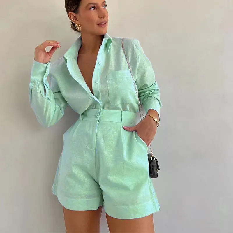 2026 New Women's Long Sleeve 2-Piece Set Casual Button Detail Shorts Outfit Shirt Top Summer Fashion Female Suit Y2k Clothing