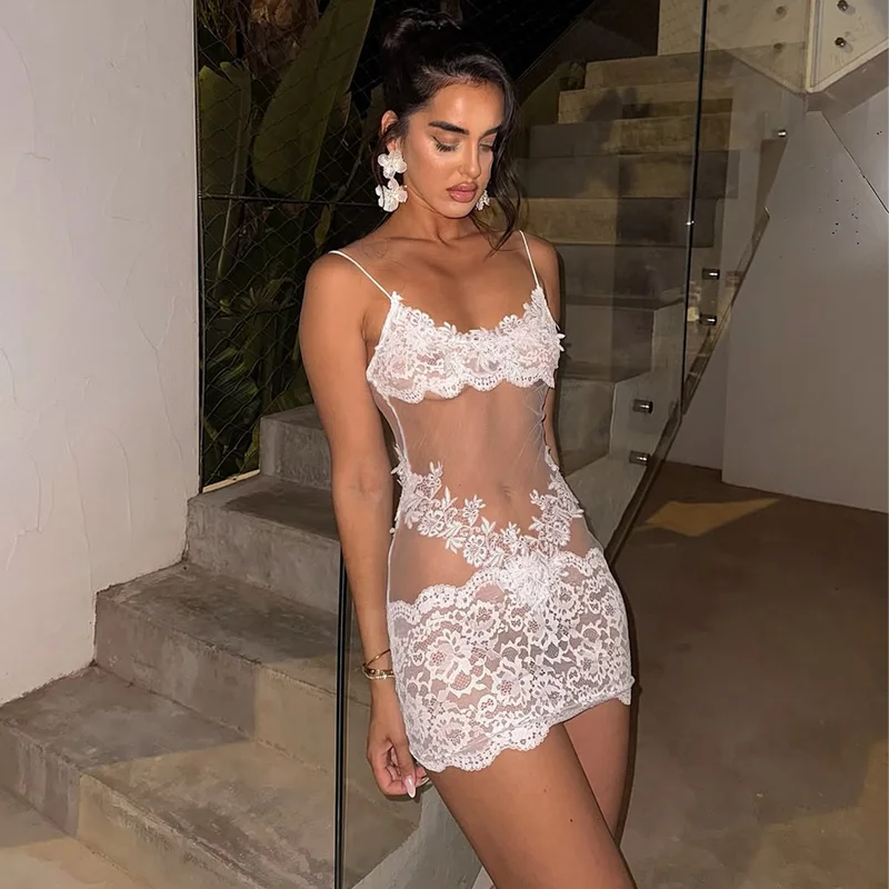Hugcitar Women'S Fashion Lace Solid Slips Patchwork Sexy Slim See Through Mini Dress Summer Vacation Party Night Club Outfit