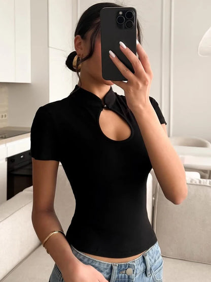 Stand Collar Button Hollow Out T-shirt Women Sexy Solid Short Sleeves Slim Fit Cropped Shirts 2026 Lady Daily Street Outwear New