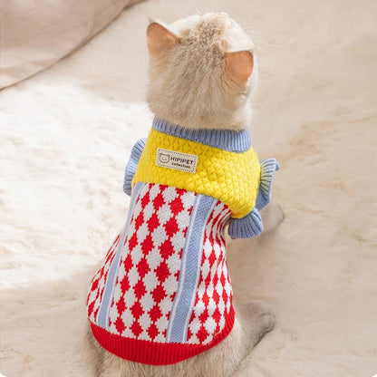 Diamond Grid Solid Cat Sweaters Warm Wool Knitting Winter Sphinx Small Dogs Clothing Ruffle Sleeve Female Girl Puppy Overalls