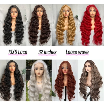 X-TRESS Synthetic Lace Front Hair Wigs for Women 32inch Long Loose Wave Black Color 13X6 Lace Frontal Wig with Natural Baby Hair