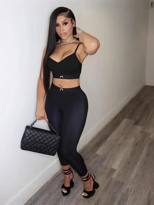 Black Tank Top Set Women Two Piece Pants Moon Print Ins High Street Summer Sexy Slim Fit Versatile Outerwear