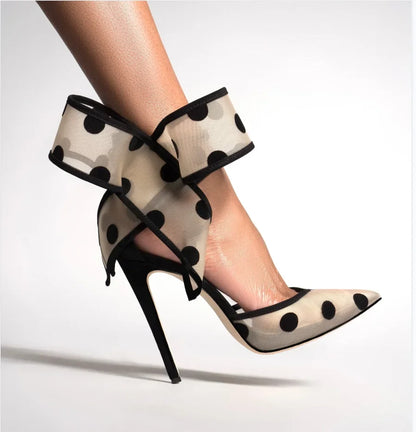 Spotted Breathable Mesh Pumps Big Bow Pointed Stiletto Buckle Strap High Heels Fashion Party Banquet Wedding Pumps For Women 47