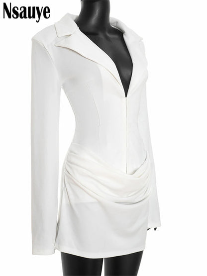 Nsauye Elegant Evening Short Dress Women Fall Long Sleeve Sexy Fashion Night Club Party White Mini Wrap Corset Dress 2025 Winter