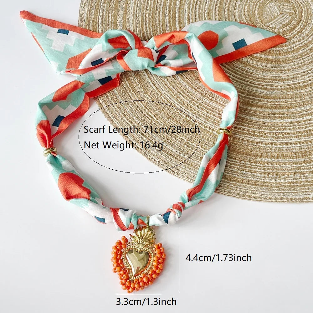 Women’s Fashion Scarf Necklace with Large Stainless Steel Heart Pendant Stackable Bandana Jewelry