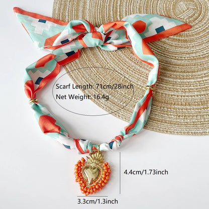 Women’s Fashion Scarf Necklace with Large Stainless Steel Heart Pendant Stackable Bandana Jewelry