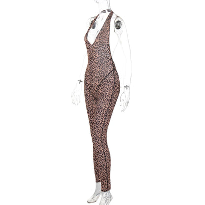 Hugcitar Leopard Print Halter Backless Slip Sexy Bodycon Jumpsuit 2025 Spring Summer Casual Outfits Streetwear Festival Romper