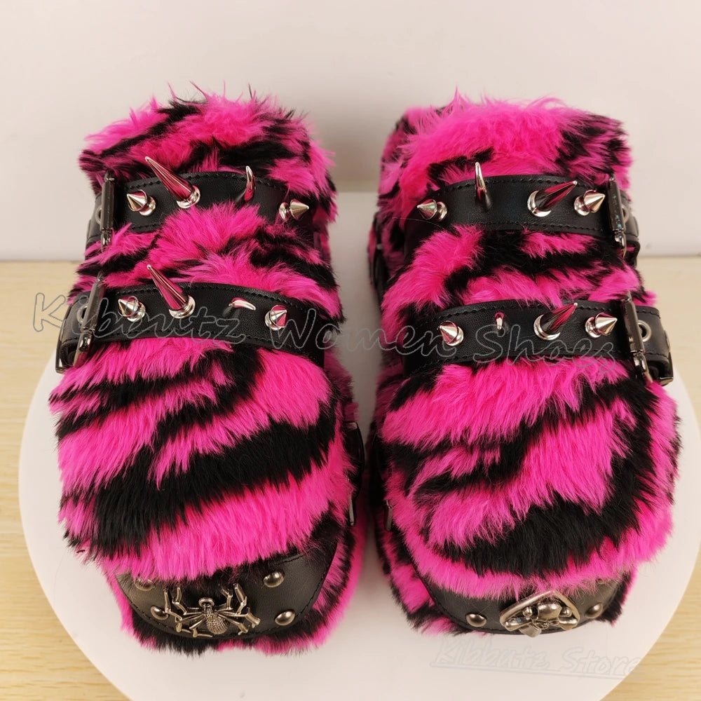 Rivets Slipper Furry Sandals Platform Round Toe Thick Bottom Spicy Girl Shoes Punk Rock Novelty Fashion Luxury Elegant Concise