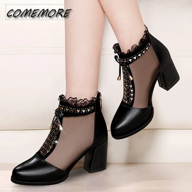 2025 Elegant High Heels Mesh Bow Summer Shoes High Heel Women Sandals Fish Mouth Black Leather Sandal Ankle Boots Luxury Fashion