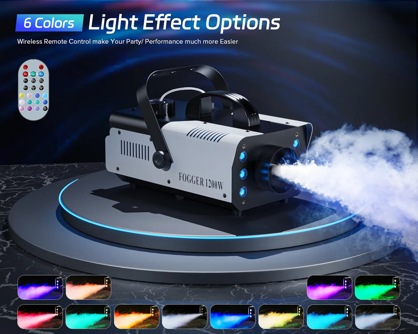 Datewink 1200W Smoke Fog Machine RGB 6LEDs Stage Lighting Effect Haze Generator Remote Control For Party DJ Disco Club Wedding