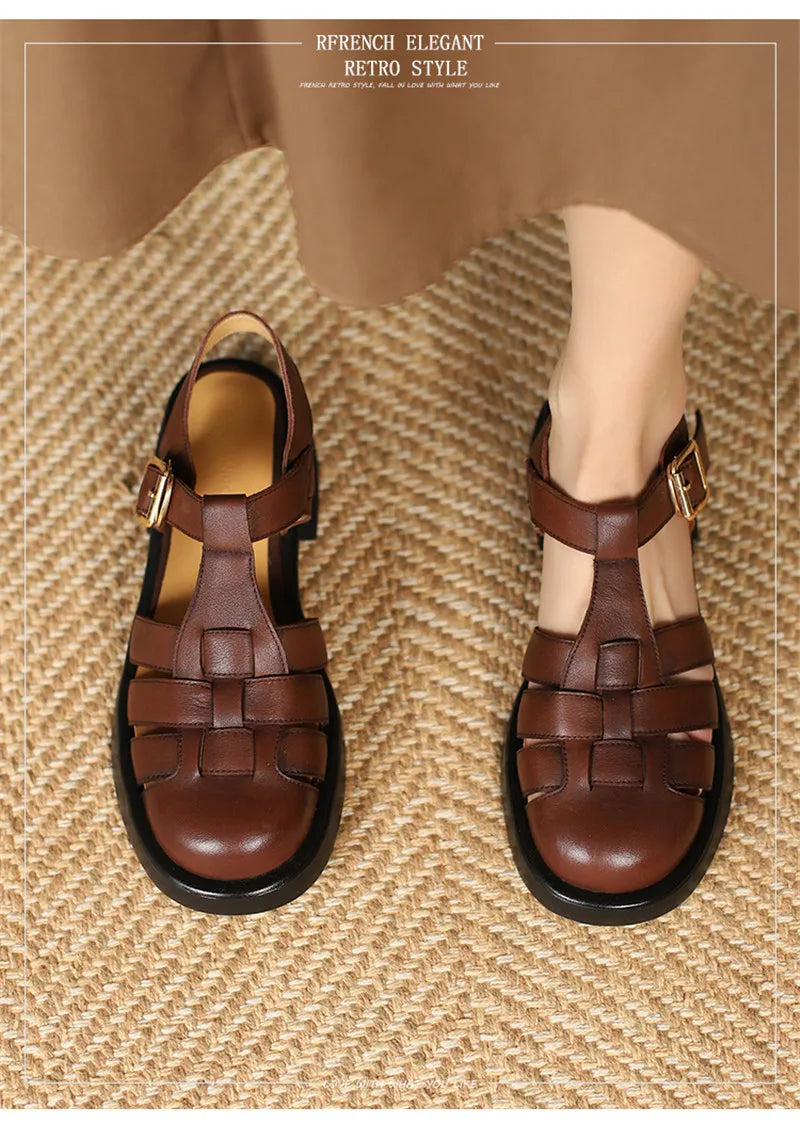 2023 Women Sandals Retro Genuine Leather Luxury Roman Sandals Casual Buckle Strap Summer Shoes GLADIATOR Thick Heel Women Shoes