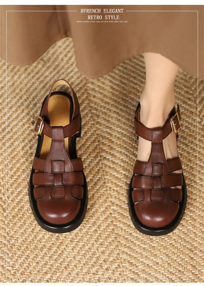 2023 Women Sandals Retro Genuine Leather Luxury Roman Sandals Casual Buckle Strap Summer Shoes GLADIATOR Thick Heel Women Shoes