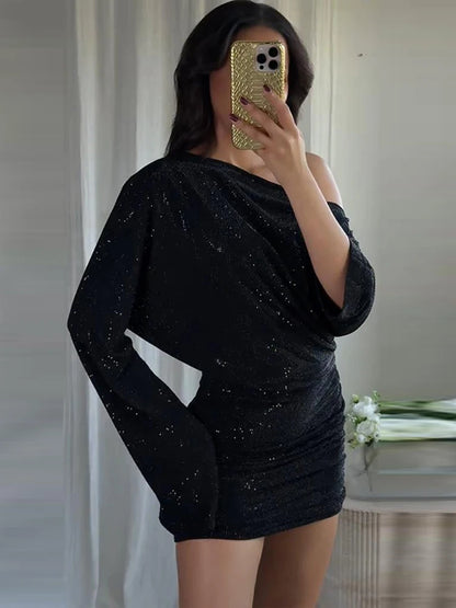 Sexy Sequined Short Dress Women V Neck Pleated Waist-cinched Empire Hip Package Dresses 2026 Spring Chic Party Evening Robe Lady