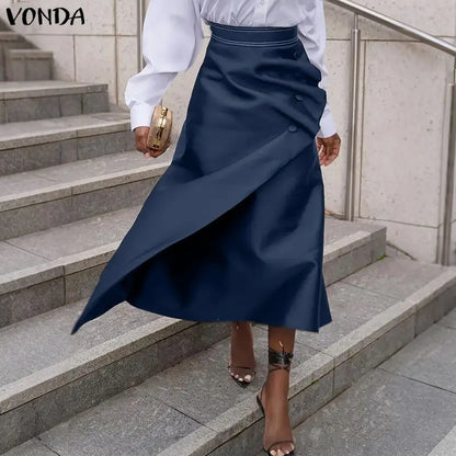 VONDA Plus Size 5XL Elegant Women Satin Skirts High Waist Button Pleated Asymmetrical Maxi Jupes Fashion Solid Long Faldas Saia