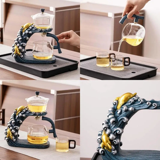 Semi-Automatic Magic Glass Teapot Set with Infuser, Dolphin Design, Ideal for Automatic Tea Brewing and Enjoyment