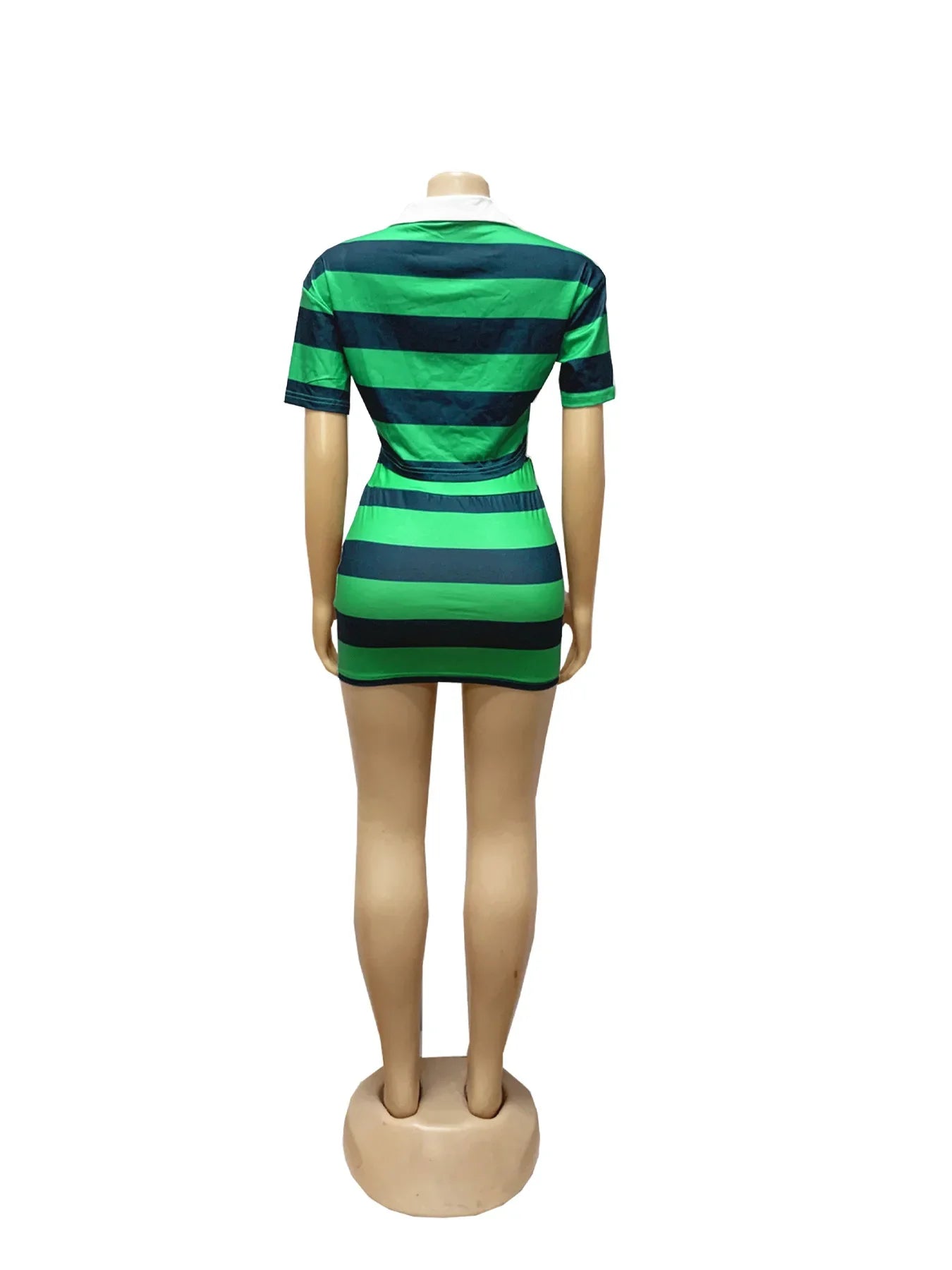 Fashionable Women's Stripe Color Block Shortie Set TW683-1 Bicolor Collar Crop Top with Skirt Polyester Fiber Knee-Length
