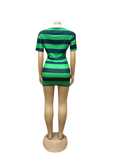 Fashionable Women's Stripe Color Block Shortie Set TW683-1 Bicolor Collar Crop Top with Skirt Polyester Fiber Knee-Length
