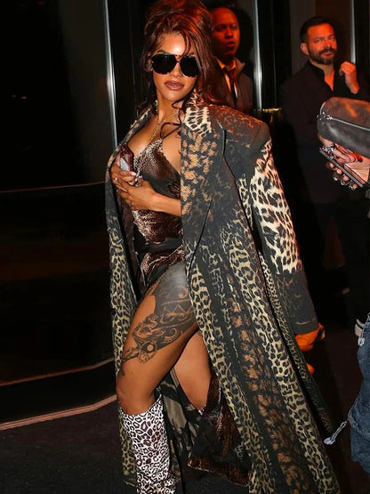 Kliou Leopard Print Trench Coat Woman Autumn Trend High Waist Bandage Cardigan Lapel Full Sleeve Street Fashion Style Clothing