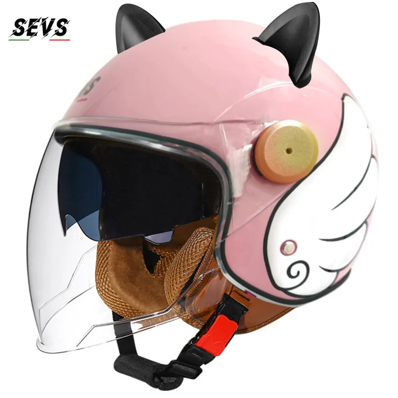 Motorcycle Helmet Retro 3C & DOT Certified Half Face ABS Helmet Dual Visor Hidden Sun Shield Removable Cute Cat Ears