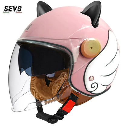 Motorcycle Helmet Retro 3C & DOT Certified Half Face ABS Helmet Dual Visor Hidden Sun Shield Removable Cute Cat Ears