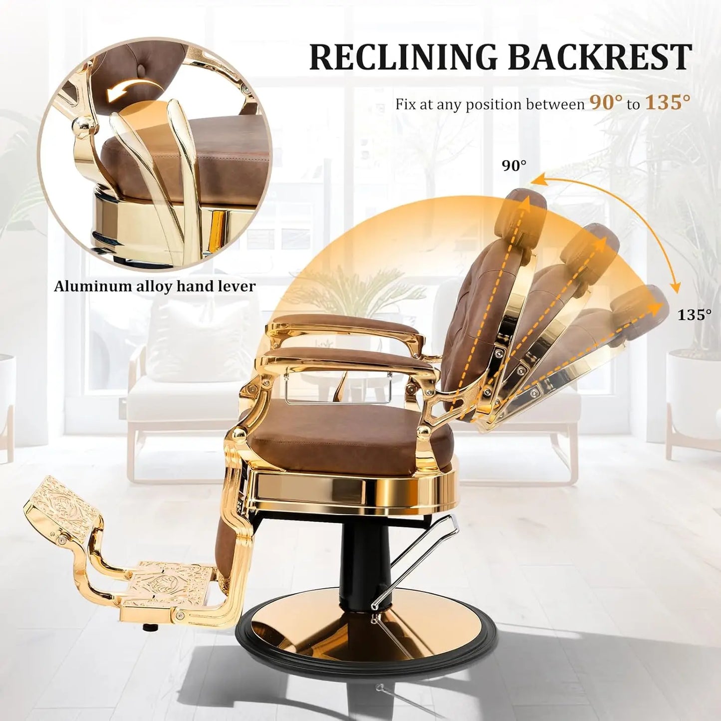 Retro Barber Chair Aluminum Frame Adjustable Headrest Footrest Hydraulic Reclining Salon Spa Shampoo, Customized