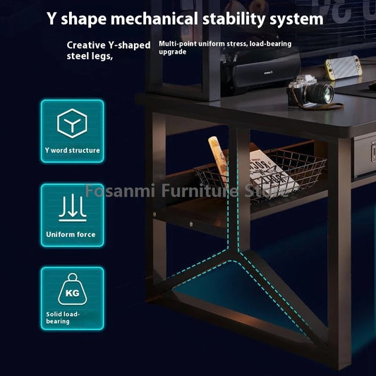Black Wide Students Study Desk Modern Office Sturdy PC Desk with Shelf Y-Shaped Metal Frame Gaming Computer Table for Home Gamer