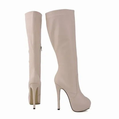 New Large Size Women Boots Autumn Winter Sexy 14cm Super High Heels Long Over Knee Long Boots Leather Round Toe Red Pumps Shoes