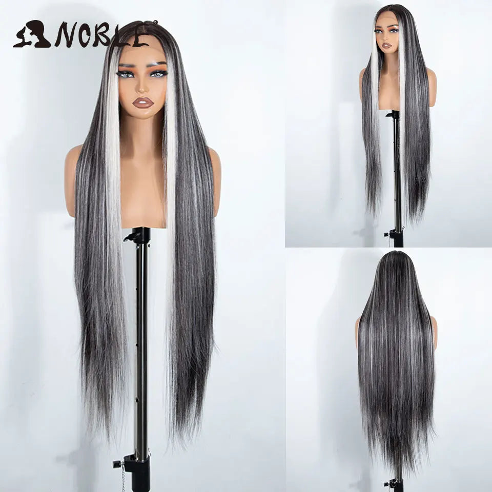 Noble 38 Inch Extra Long Straight Synthetic Lace Front Wig Skunk Stripe Grey White Ombre Glueless Heat Resistant Wig For Women