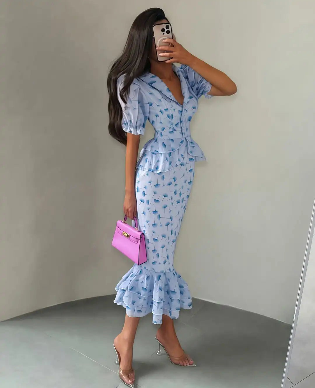 Printed V-neck Waist Cinched Pleated Dress Lapel Short Sleeve High Waisted Maxi Dresses Elegant Women's Summer New Vestidos