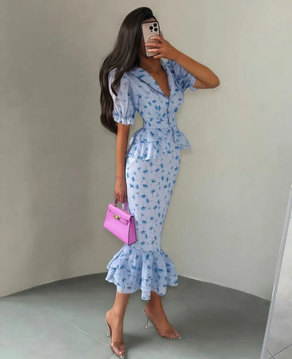 Printed V-neck Waist Cinched Pleated Dress Lapel Short Sleeve High Waisted Maxi Dresses Elegant Women's Summer New Vestidos