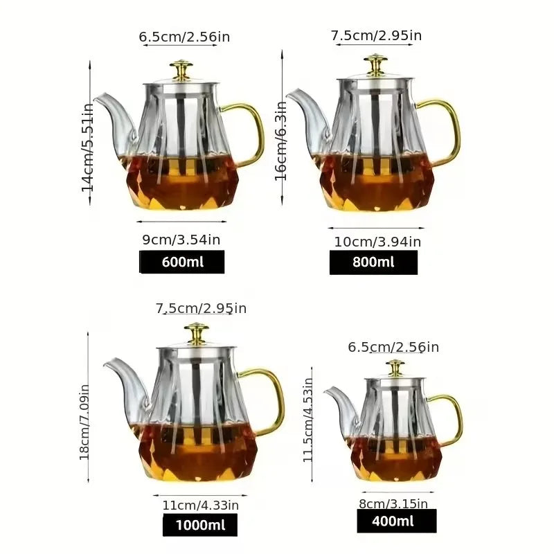JUSTINLAU Glass Teapot Heat Resistant Borosilicate Clear Diamond Tea Kettles with Removable Stainless Steel Infuser Teaware Set