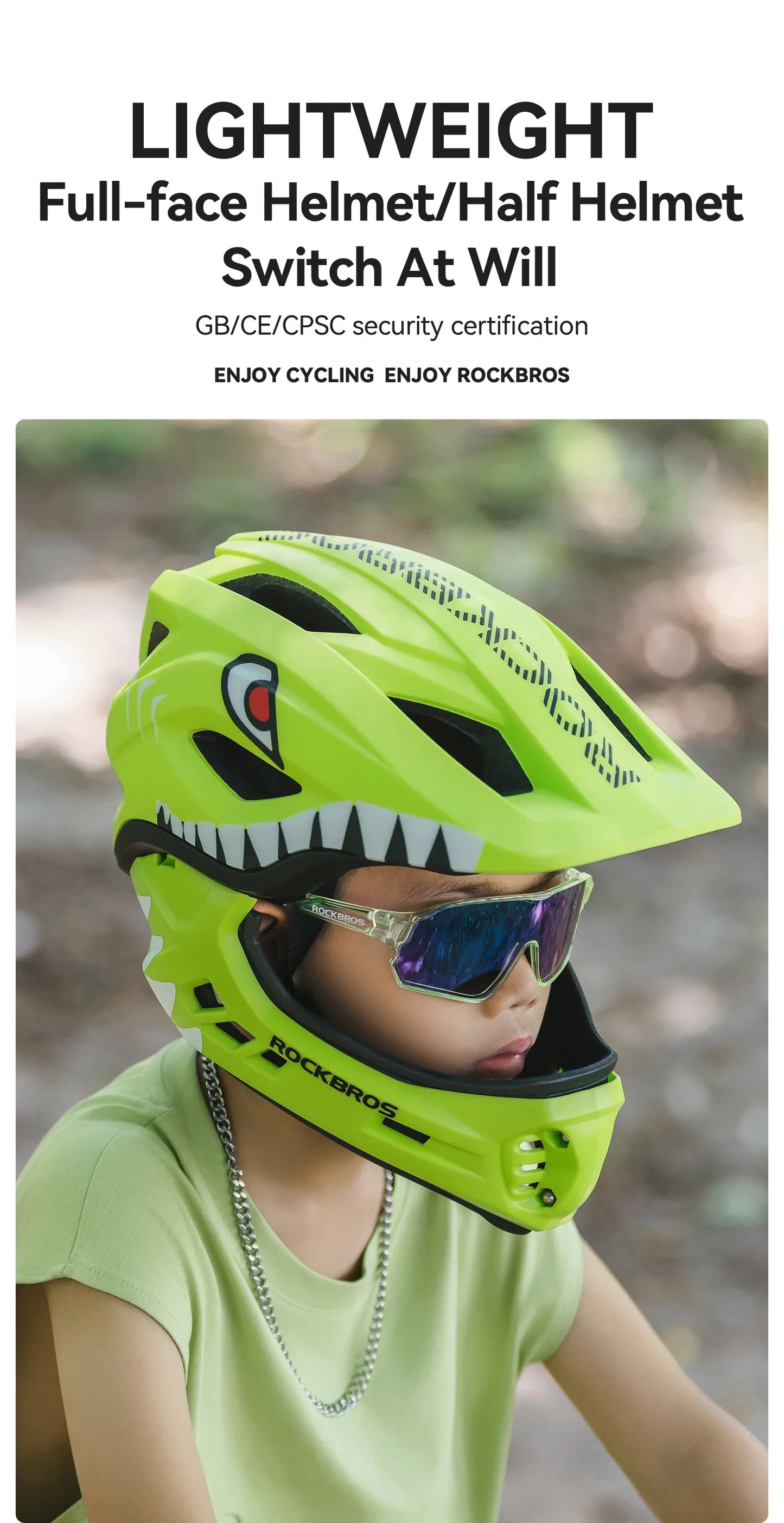 ROCKBROS Child Cycling Helmets Detachable Full Face Helmet Lightweight Adjustable Bicycle Scooter Helmet Safety Breathable