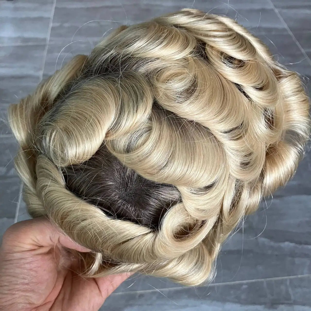 Men's Super Natural Hairline 100% Human Hair Ombre Blonde Capillary Prosthesis System Wigs Brown Roots Durable Thin Skin Toupee