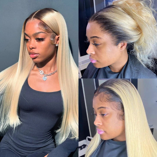 1B 613 Blonde Ombre Human Hair Wigs 13x6 Lace Front Wig Pre Plucked HD Transparent Lace Blond Black Roots Straight 180% Density