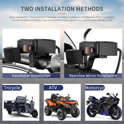 6.8A PD+QC3.0 Motorcycle Phone Charger Handlebar Dual USB Socket 60W Waterproof 12V Power Supply Adapter with Switch Voltmeter