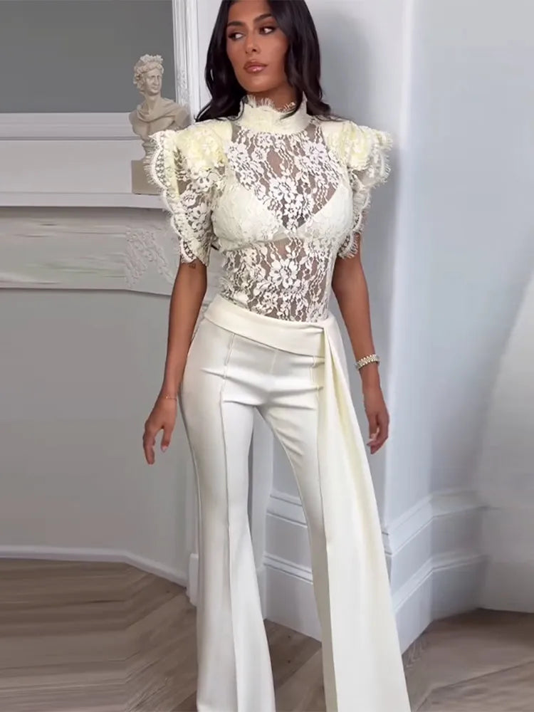 Elegant Ruffles Lace Top Ribbon Flare Pants Sets Women Short Sleeve See through Top High Waist Pant 2026 Summer Evening Outfit