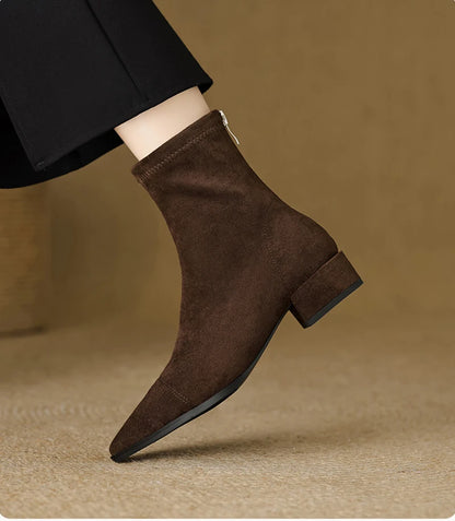 Autumn Vintage Suede Women Ankle Boots Ladies Concise Pointed Toe Thick Heel Short Botas Zapatos De Mujer