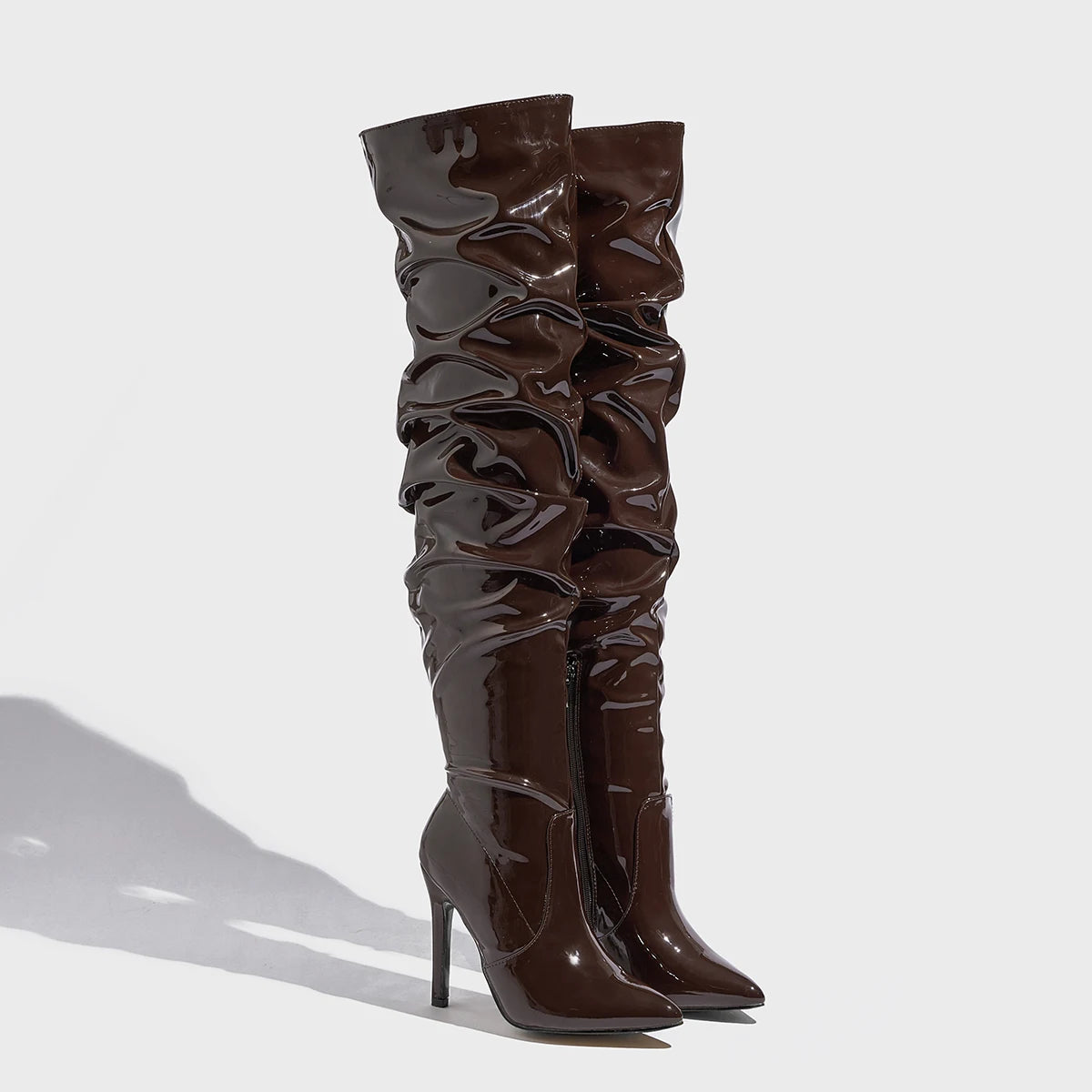 Sharp Pointed Patent Leather Fashionable Women's Boots Model Walking High Heels Boots Brown High Top Knee Size